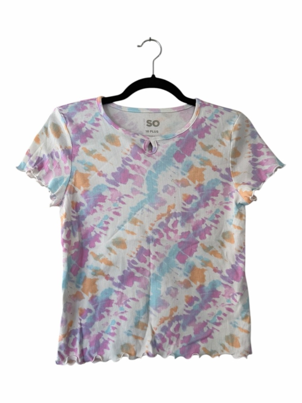 SO Pastel Tie Dye Ribbed T Shirt Purple Pink Blue Short Sleeves Tee 16 Plus Girl